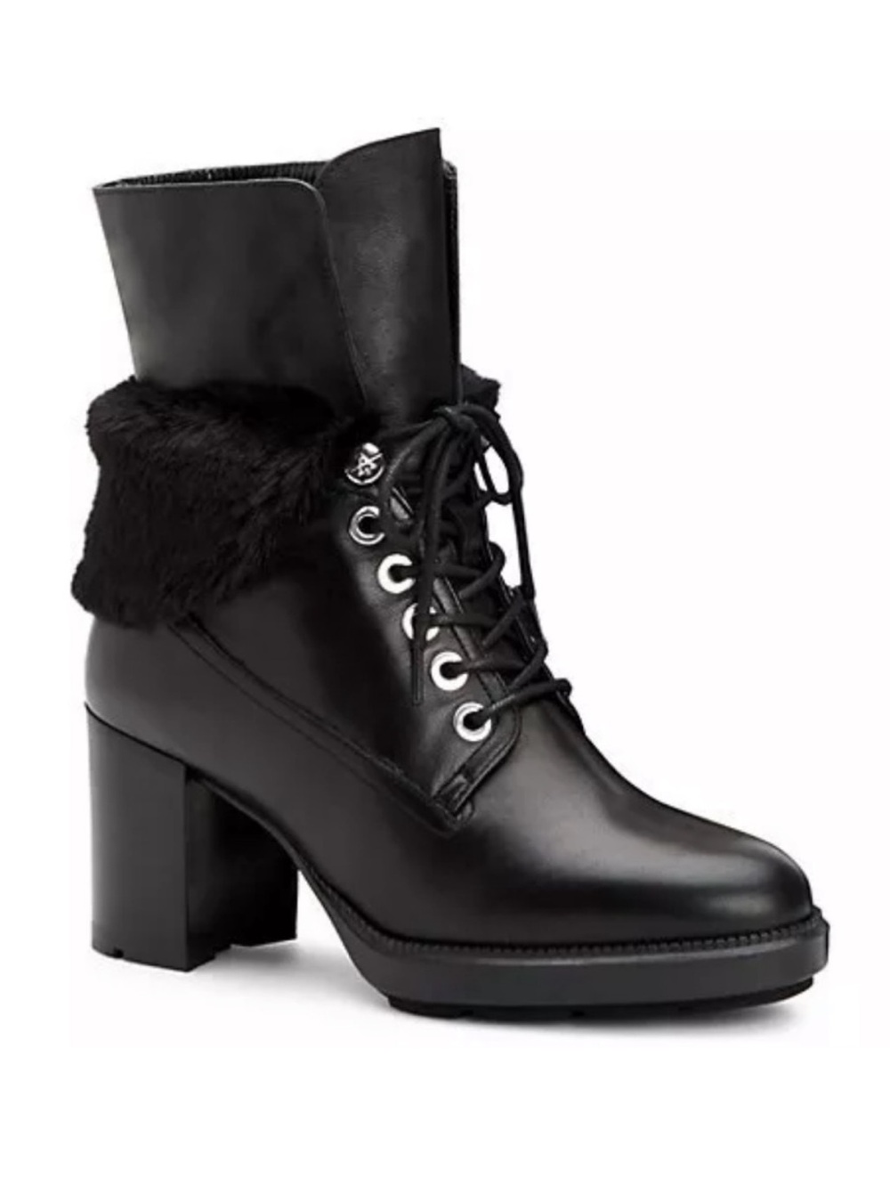 Aquatalia Women's Black Leather Heel Lace Up Fur Collar Boot Lug Rubber Sole 6